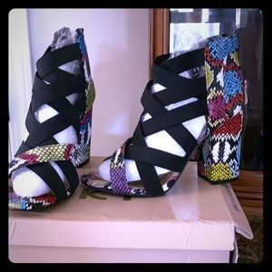 Multi colored snake print pattern heeled sandals